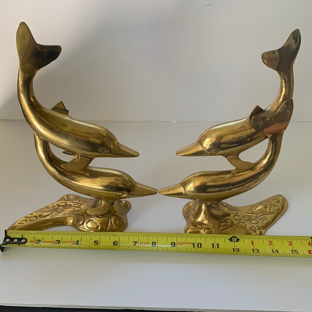 Mid Century Modern Brass Dolphins Vintage Set Of Two Brass Sculptures - Picture 3 of 7